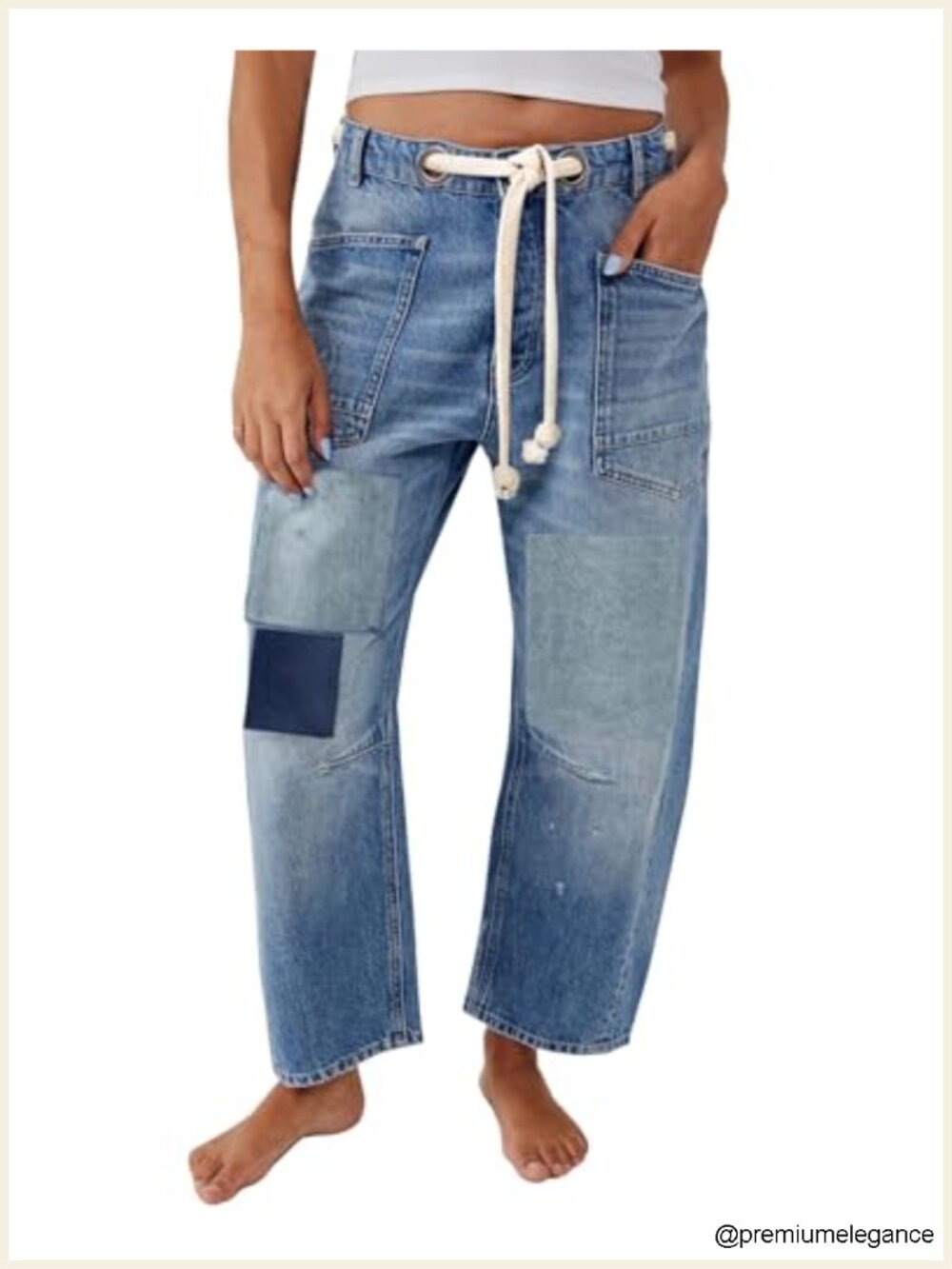 Baggy Barrel Horseshoe Jeans Wide Leg Patchwork Low Rise Drawstring Denim Pants